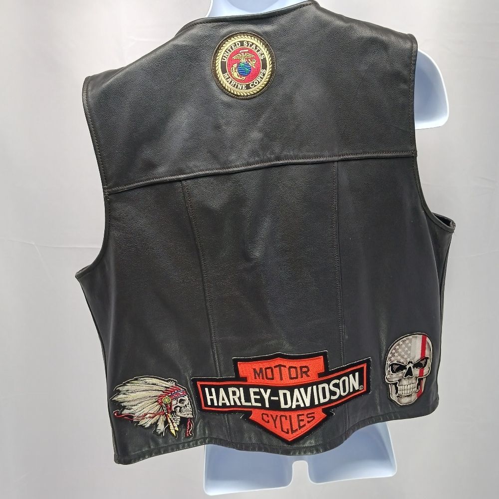 Harley-Davidson Men's Black Leather Biker Vest - Patches & Pins, USMC Veteran L. - Picture 4 of 16